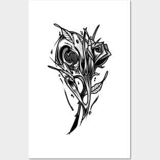 Bird Skull & Rose Ink Posters and Art